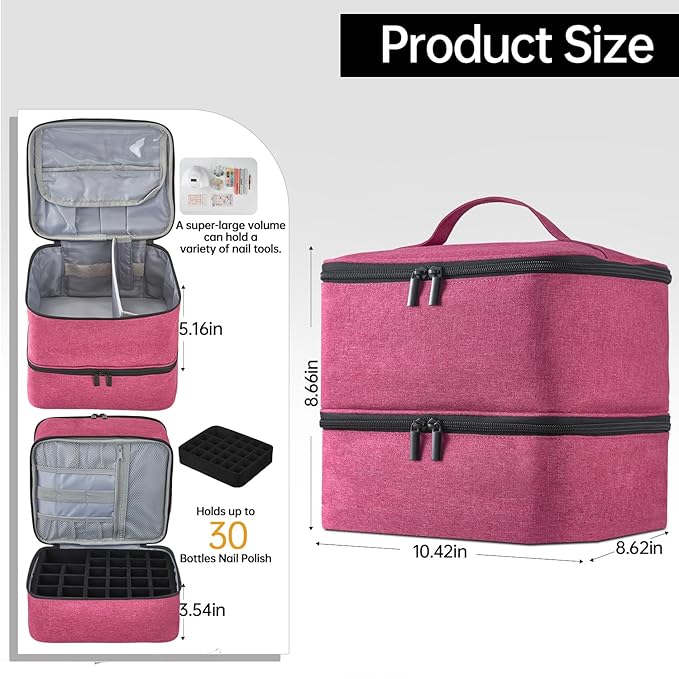 Buruis Double-Layer Nail Polish Organizer Bag, Holds 27 Bottles (15ML/0.5 FL.OZ or Larger), Nail Tools & Dryer Storage Case with Adjustable Dividers (Pink)