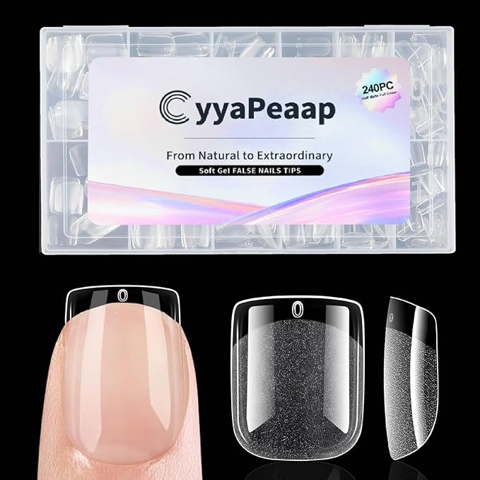 Extra Short Square Nail Tips - 12 Sizes 240 PCS Pre-Etched Soft Gel Nail Tips Half Matte Acrylic Full Cover Clear Pre Etched Nails for Nail Extension Manicure Home DIY Manicure Salon