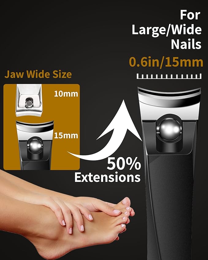 Large Nail Clippers, 15mm Ultra Wide Toenail Clippers, Stainless Steel Fingernail Clipper Built in Nail File, Curved Blade Toe Nail Cutter Trimmer for Men or Women