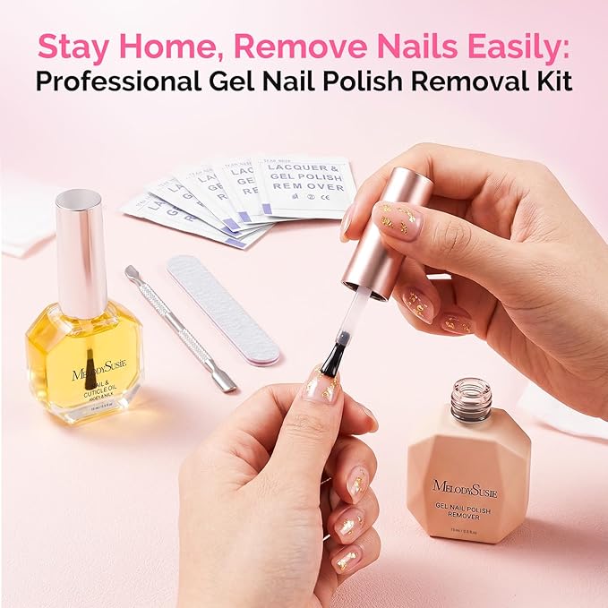 MelodySusie 2Pcs Gel Nail Polish Remover with Cuticle Oil, No Need to Wrap and Soak, Remove Gel Polish in 2-5 Minutes at Home No Damage to Nails with Cuticle Pusher Tool Nail File Wipes