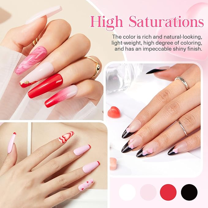 AZUREBEAUTY Dip Nails Powder Starter Kit, 4 Colors Pink Red Black Clear Valentine's Day Dipping Powder System Liquid Set Recycling Tray with Base & Top Coat Activator Manicure Kit for Gift.