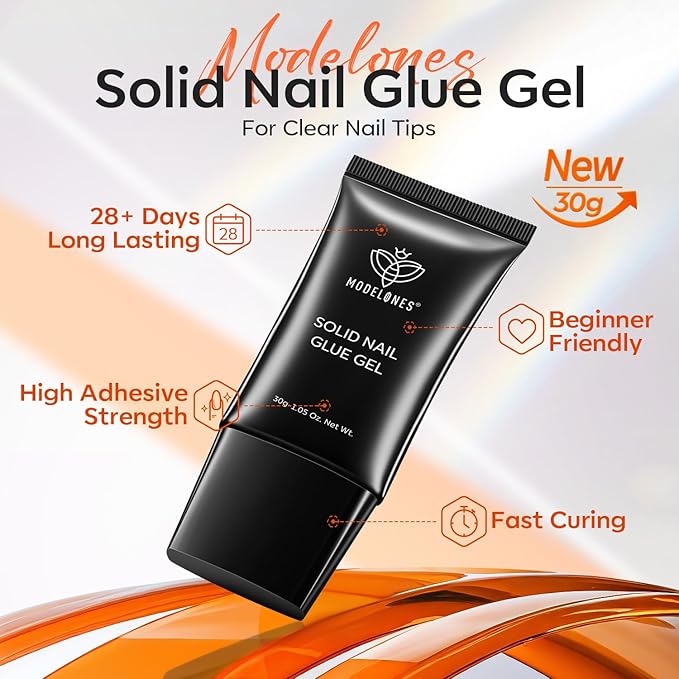 modelones 30g Solid Gel Nail Glue, Glue Gel on Nails for Clear Tips Super Strong Adhesive for Acrylic Extensions Press On Fake Tips U V Curing Needed Professional Adhesive