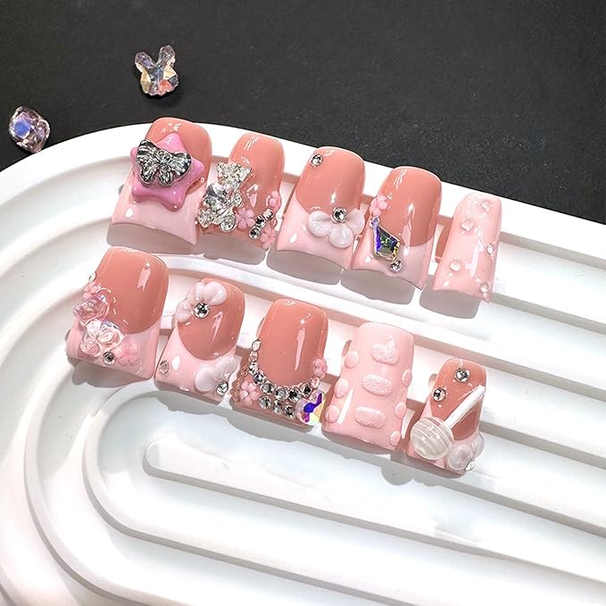 Handmade Duck Press on Nails Short French Nails with Glue,Muti-Layer Gel 3D Flower Art Fake Nails with Luxury Gems Bow Design Light Pink Acrylic Nail Reusable Nature False Nails for Wome (Size S)