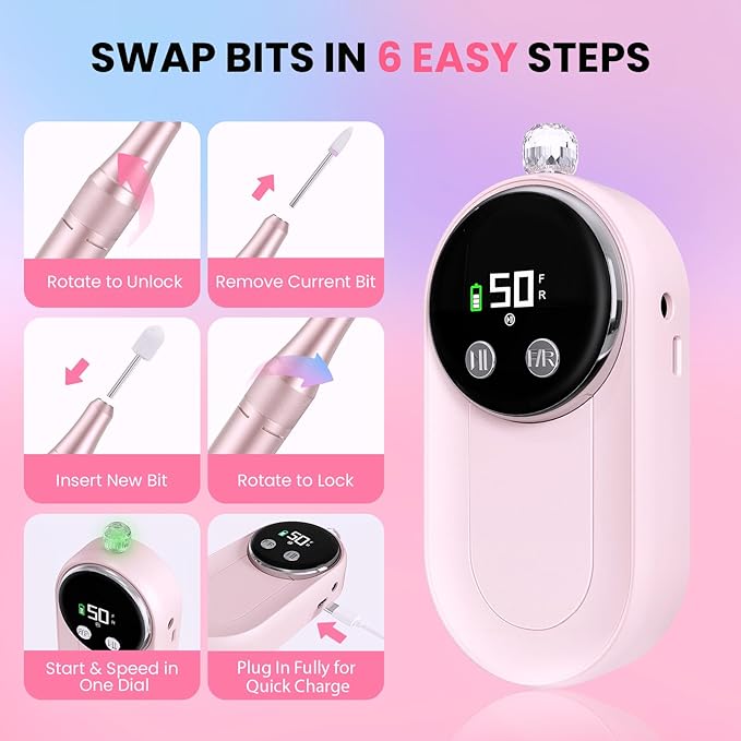 High Speed Nail Drill for Acrylic Removal, 50,000 RPM Pro E-File with LCD, Bits Kit & Anti Slip Pad, MG101L Quick Gel Removal, Precise Shaping, Portable for Nail Art Practice & Salon Use