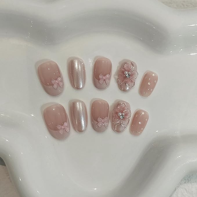 Pink French Tips Press on Nails Short Oval 10 Pcs with Tool Kit,3D Flower Fake Nails with Gel Effect,Handmade Pink Sweet Cute Nails with Bow & Dots Designs,Easy Press ons Whitening Nails(L)