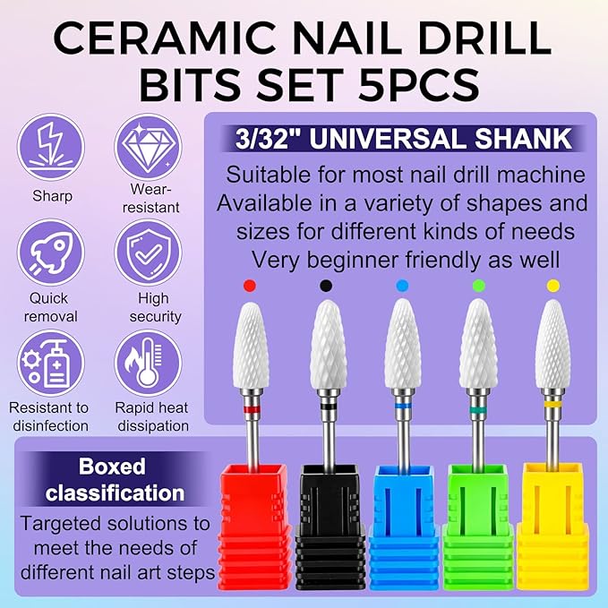 Fantexy Ceramic Nail Drill Bits Set,3/32'' Shank Professional Corn Shape Ceramic Bits,Acrylic Nail File Bits for Manicure Pedicure Cuticle Gel Nail Polishing,Use for Both Left and Right Handed(5 Pcs)