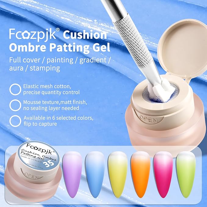 6 Colors Cushion Pat Painting Gel Nail Polish, Neon Green Hot Pink Ombre Gradient Paint Gel with 50PCS Soft Nail Sponges Grabbing Pen Aura Blending Stamping Summer Design Matte No Wipe