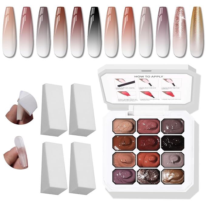 Sponge Pat Gel Nail Polish Palette, 12 Colors Blending Ombre Gel Polish Gradient Painting Nails Art, No Wipe, UV/LED Cured (12 Colors C)