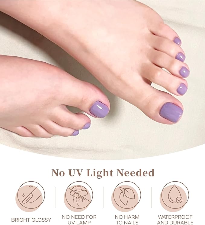 Toe Gel Nail Stickers - 34PCS Salon Quality Wraps no UV Light Needed - Long Lasting Toe Nail Polish Strips for Women (Lilac Purple)