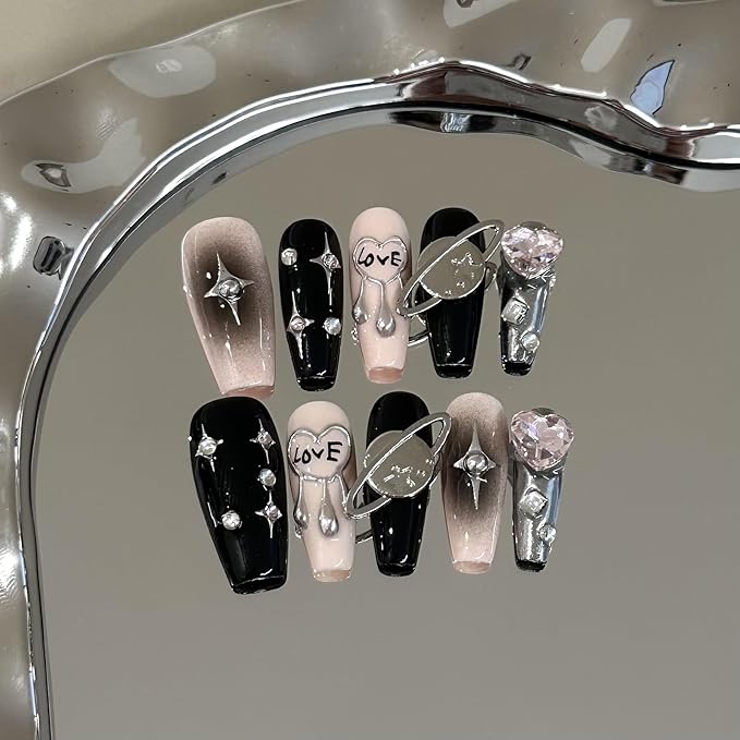 Long Ballerina Press-On Nails, Pink and Black with Silver Stars, Planet and Diamond Designs, 10 Pieces (XS, LS)