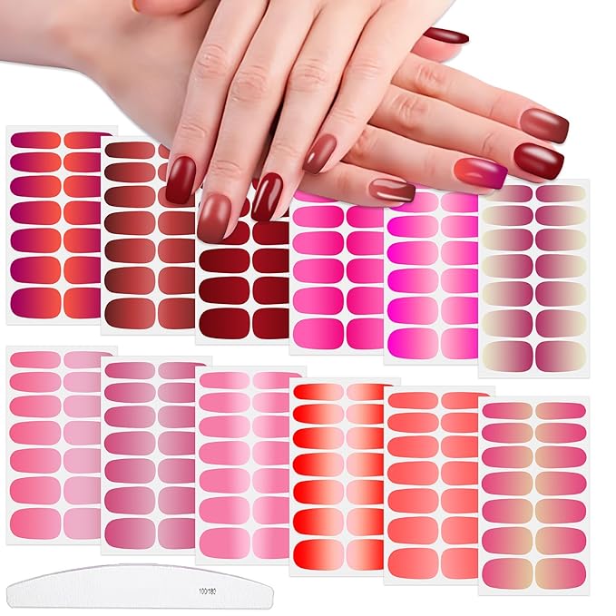 WOKOTO 12 Sheets Red Pink Gradient Nail Stickers Full Nail Wraps For Women, Solid Ombre Design Nail Gel Stickers For Nails Polish Strips With Nail File Kit, Gel Nail Strips Press On Nails Polish Wraps