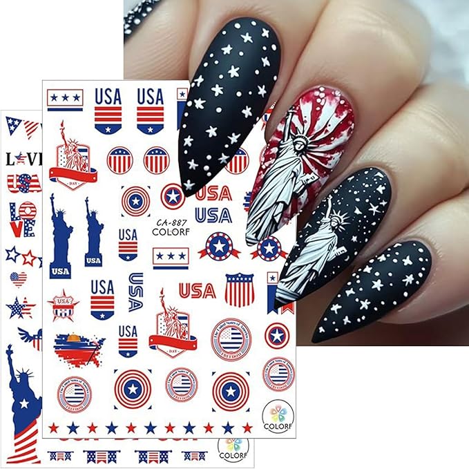 6Pcs Independence Day Nail Stickers for Nail Art - Celebrate 4th of July Nail Decals 3D Self-Adhesive USA Flags Heart Star Bow Eagle Design Firework Sticker for Memorial Day DIY Patriotic Nail Decor