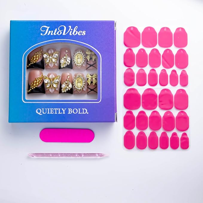 10 Pieces Luxury Acrylic Press On Nails Short Handmade Duck Nails, Pink And Black Thickened False French Nails, Golden Butterflies And Bows, Reusable Fake Nails, Acrylic Nails (S)