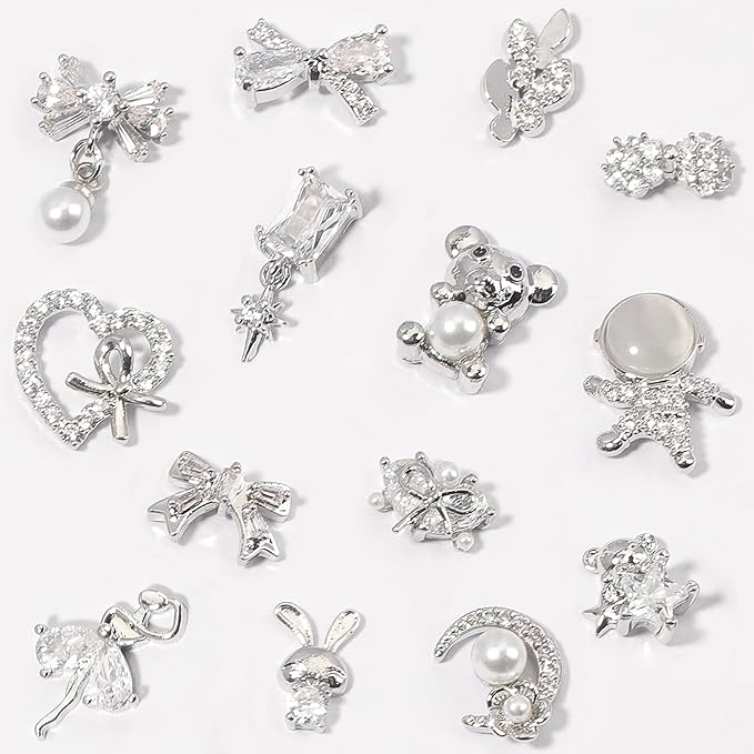 HNUIX Nail Charms and Gems - Silver Copper Zircon, Multiple Shapes 3D Dangle, Metal Luxury Jewelry Rhinestones for Nails 14 Pieces