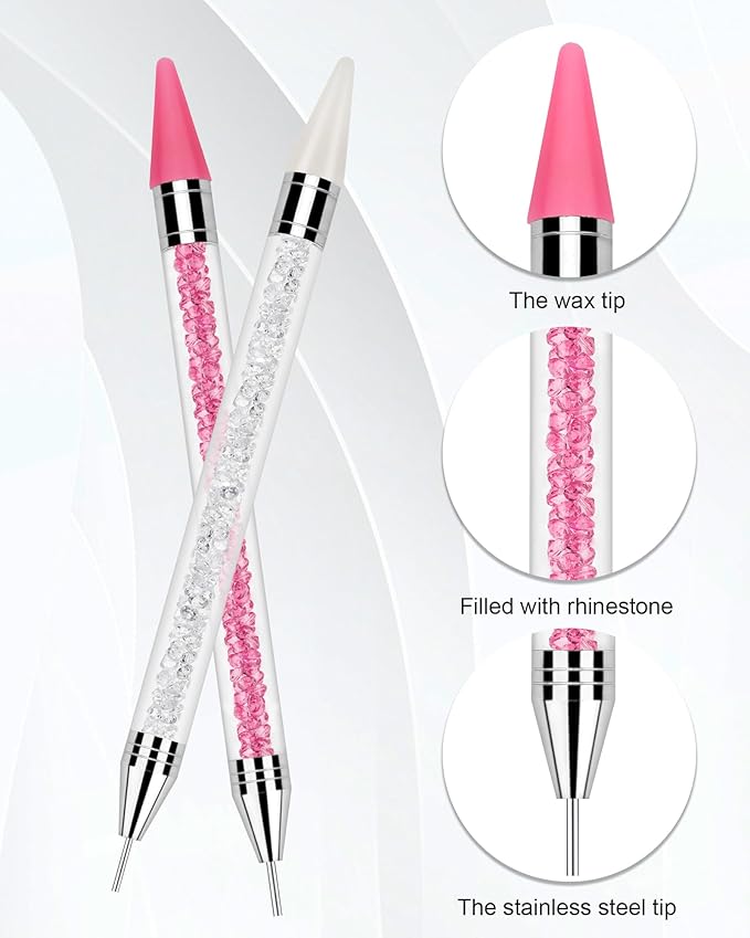 Rhinestone Picker Tool, 2 Rhinestone Tool Dual-Ended Wax Pen with 4PCS Replaceable Wax Tips and 1 Tweezers for DIY Nail Art Tool (Pink & White)
