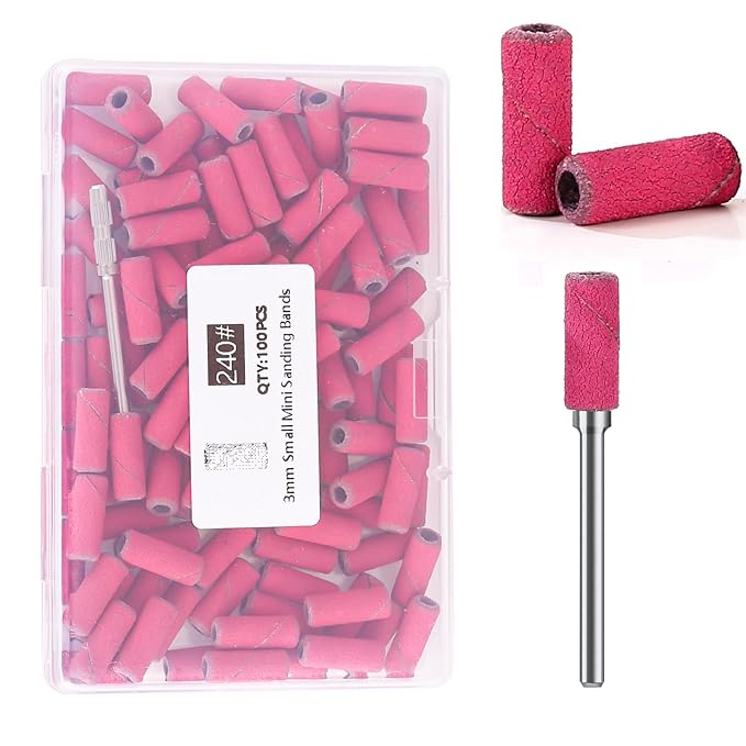 100pcs Nail Drill Bits Small Sanding Bands with 3.1mm Mandrel Bit, 240 Extra Fine Grit Nail File Sanding Bands for Acrylic Nails Gel Removing Shaping Manicures and Pedicure (Rose Red, 240 Grit)