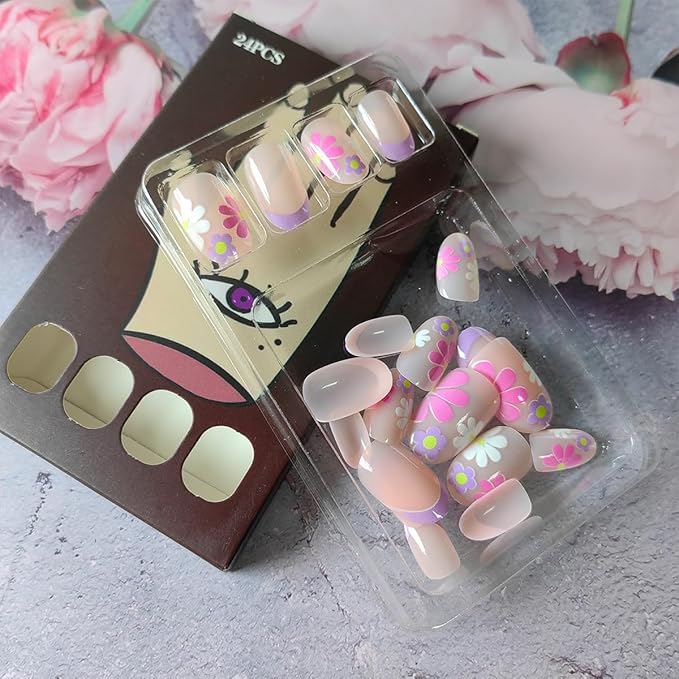 24Pcs Short Press on Nails Almond Fake Nails French Tip Press Ons Colorful Daisy Flowers Acrylic Nails Nude Pink Full Cover Glue on Nail Oval Floral False Nail for Women Girls DIY Manicure Tips
