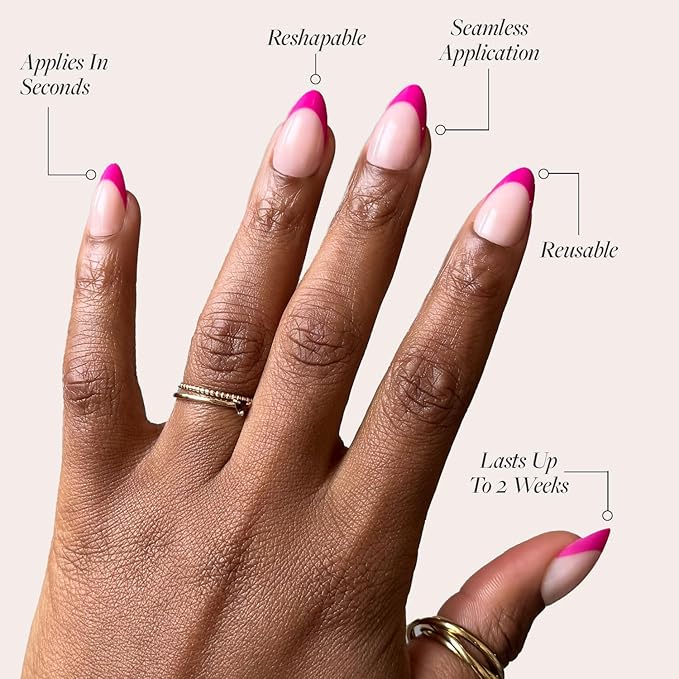Valentines Day Glamnetic Press On Nails - Raspberry Sorbet | Semi-Transparent Dark Pink Magenta French Tip Short Almond Fake Nails in a Glossy Finish, Salon Quality | 15 Sizes - 30 Nail Kit
