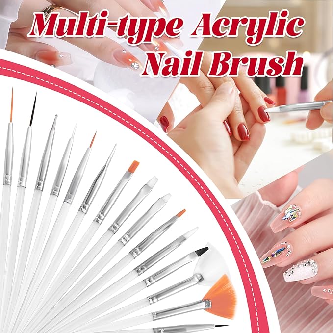 Nail Art Tools Kit with 15 Nail Art Brushes, 5 Dotting Tools, Nail Stand for Press-on, Nail Design Tools for Salon & DIY Home Manicure (White)