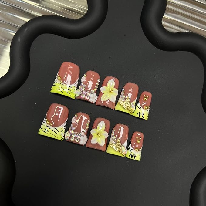 10pcs Handmade Press on Nails for Women - Medium Duck Curve 3D Thick Acrylic Fake Nails Reusable,Designer Floral Butterfly Rhinestones Bling Boho Funky Y2k Nail-art Set,S,neon