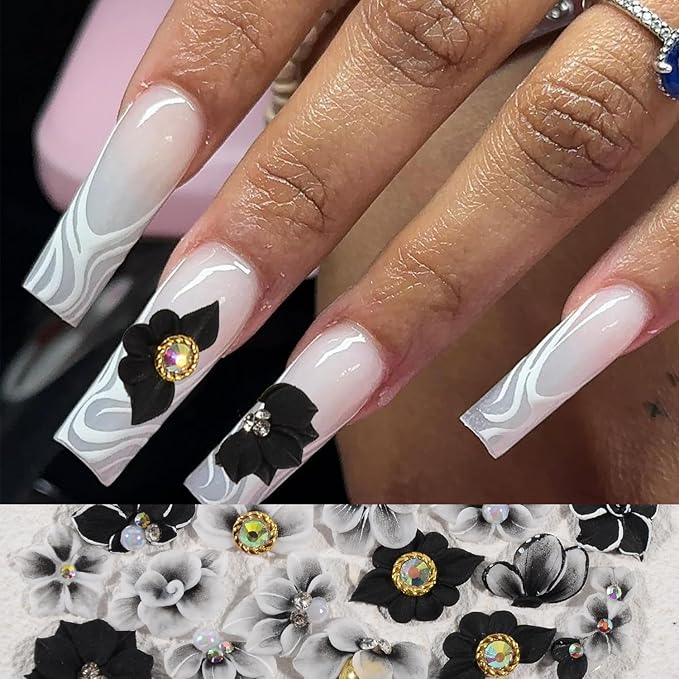 30PCS 3D Handmade Flower Nail Art Charms Advanced Handcrafted Cherry Blossom Flower Colorful Sculpted Floral Nails with Rhinestone Caviar Beads Design for Women Profession Nail Art Craft Jewelry