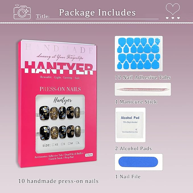 Black Press on Nails with Handmade 3D Gold Flowers & Gold Lines - Short Square Glossy Luxury Fake Nails, Reusable Elegant Vintage False Nails for Women Fall Winter Party Evening Gala, Size L