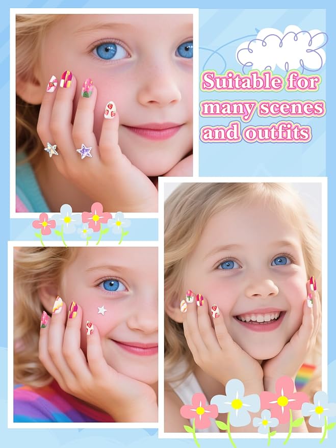 EBANKU 1 Pack Kid Fake Nail Kit, 24 Pieces Strawberries Press on Nails for Kids Almond Press on Nail Short Artificial False Nail Kits for Kids Girls