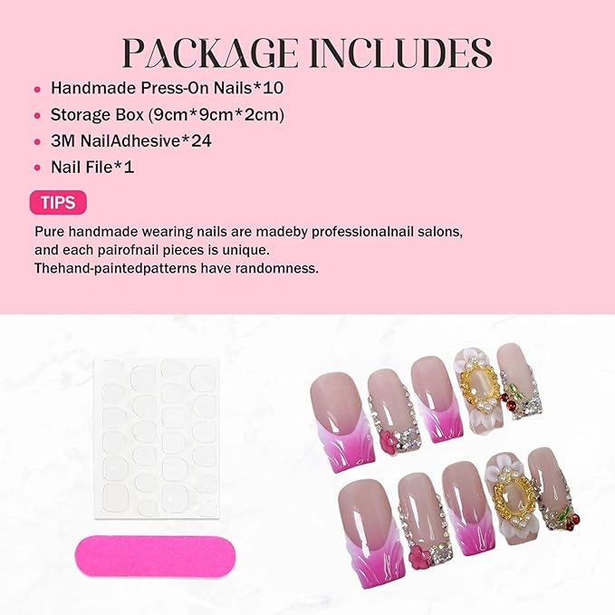 Square Press on Nails Medium Length Handmade Fake Nails Rose Red French Tip Acrylic Nails with 3D Flower Charms Designs False Nail Sparkly Full Cover Stick on Nail for Women Manicure 10Pcs(Size M)