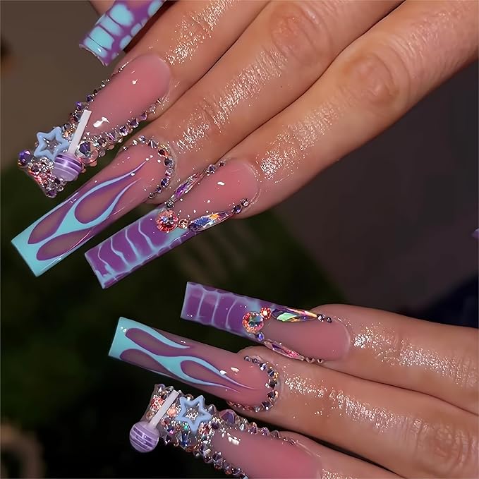 Square Press on Nails Long Fake Nails French Tip Glue on Nails Press ons with Rhinestones Designs Acrylic Nail Y2K False Nails with Charm Artificial Nail for Women 24Pcs