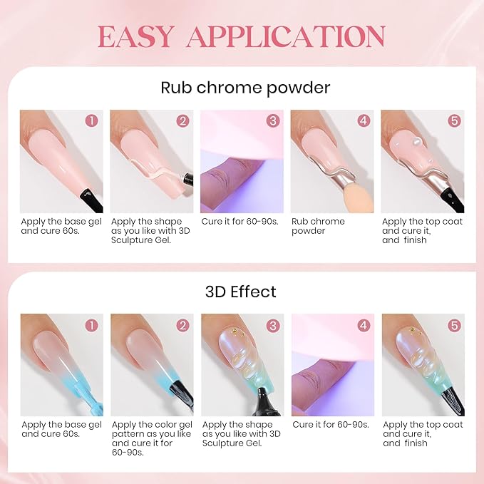 MIZHSE 3D Nail Gel 30G Clear 3D Nail Art 3D Sculpting Gel with Chrome Powder for Nail Art Design Molding Gel for Nails No Wipe Supply U V LED Gels Polish for Nails Sculpture Home DIY