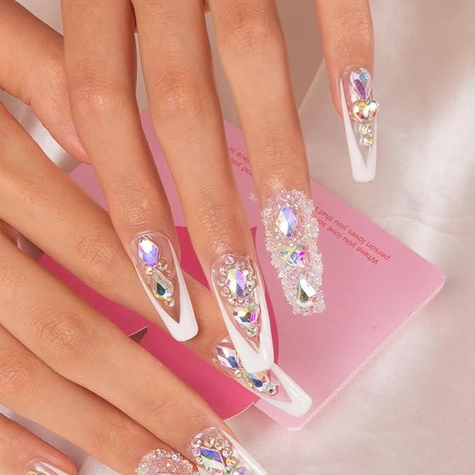 LOVFUL Press on Nails Aurora Light | Handmade with Full Covered Crystals | Reusable Fake Nails | Coffin Classic Regular 1.3 in | H36-M