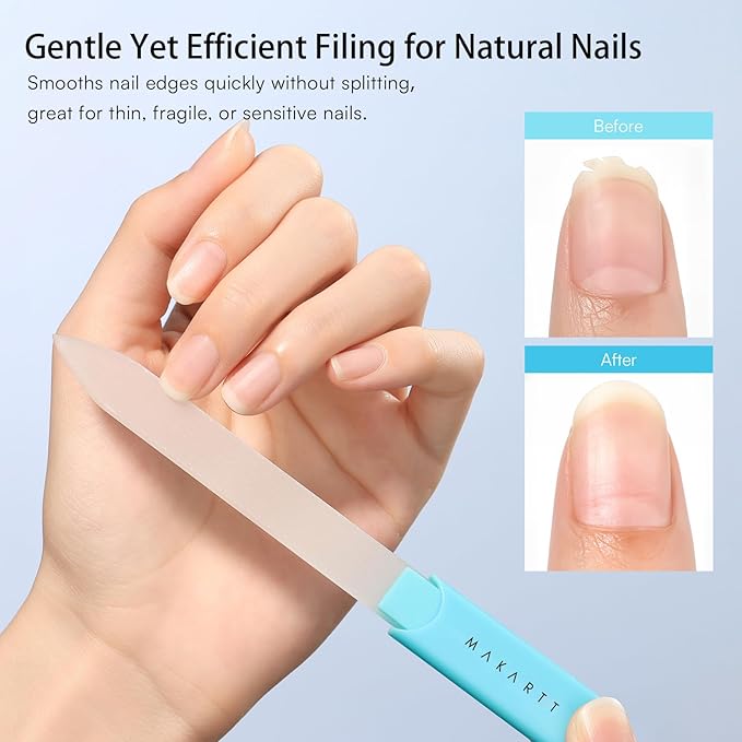 Makartt Nail File -Glass Nail File with Case, Double-Sided Sandblasted Crystal Nail Files for Natural Nails, Reusable Portable Manicure & Pedicure Buffer Gift for Women, 1pc Blue