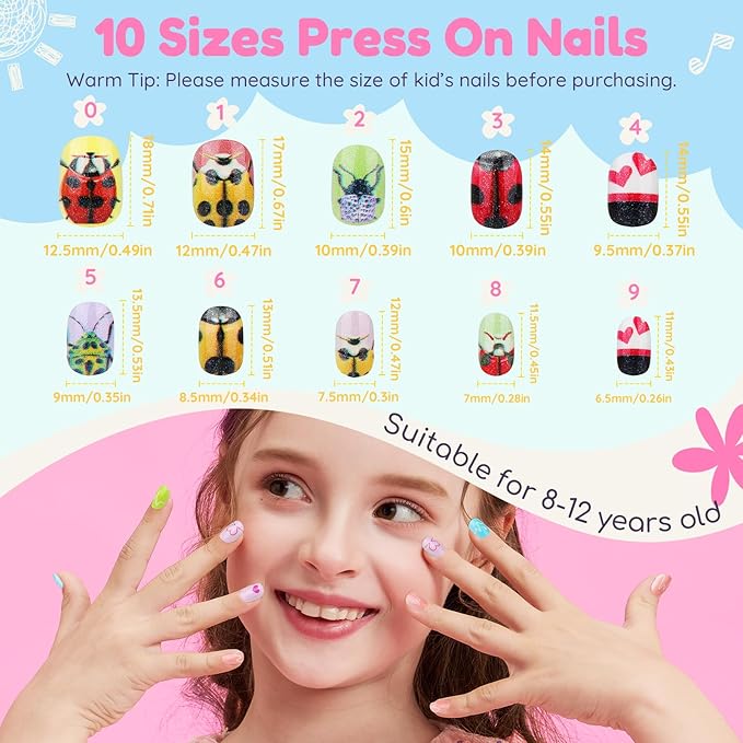 Teenitor 216pcs Press on Nails for Kids Girls Fake Nails, 9 Styles of Mini Nails for Girls Fake Nails for Kids, Christmas Press on Nails for Girls 10-12, Stick on Nails for Kids Little Girl