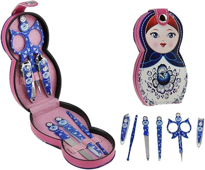 Aibearty Adorable Russian Doll Pattern Stainless Nail Clippers Set of 6Pcs, Professional Grooming Kit, Nail Tools with Luxurious Travel Case