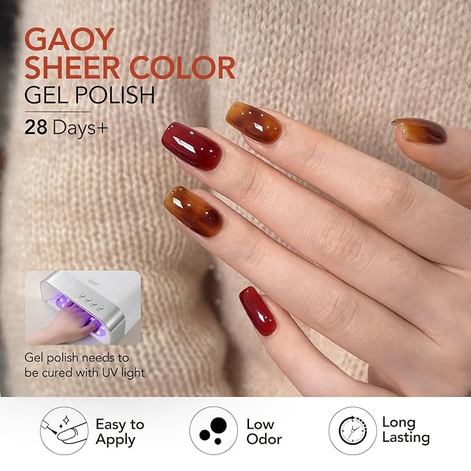 GAOY Jelly Tortoise Gel Nail Polish Set, 6 Transparent Colors Sheer Brown Dark Red Black, UV Light Cure Gel Polish for Nail Art DIY at Home