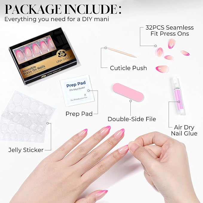 UNA GELLA 32Pcs Soft Gel Press on Nails - 16 Sizes Hot Pink French Tip Almond Glue on Nails, Reusable Neon Pink False Nails, Full Cover Acrylic Nail Kit for Women DIY Home Manicure