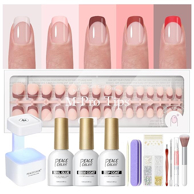 PEACECOLOR French Tip Press On Nails Kit - 150Pcs Short Square 5 Colors Nude Nail Tips Gel Nail Extension Kit with Nail Lamp Starter Kit Nail Glue Base & Top Coat Fake Nails Gift for Women Home DIY