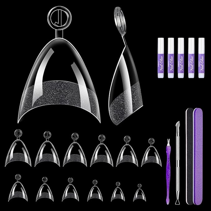 Short Almond Nail Tips, 240 Pcs Half Cover Acrylic Fake Nails Almond Shape, Pre-Shape Clear False Nails with Files and Cuticle Fork for Press on Nails Extension, DIY Home Salon