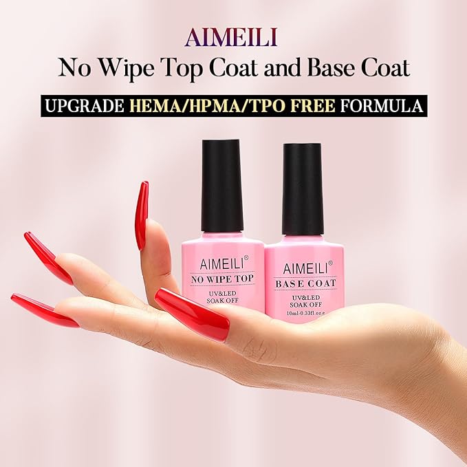 AIMEILI Hot Pink Neon Gel Nail Polish, and No Wipe Top and Base Coat Set