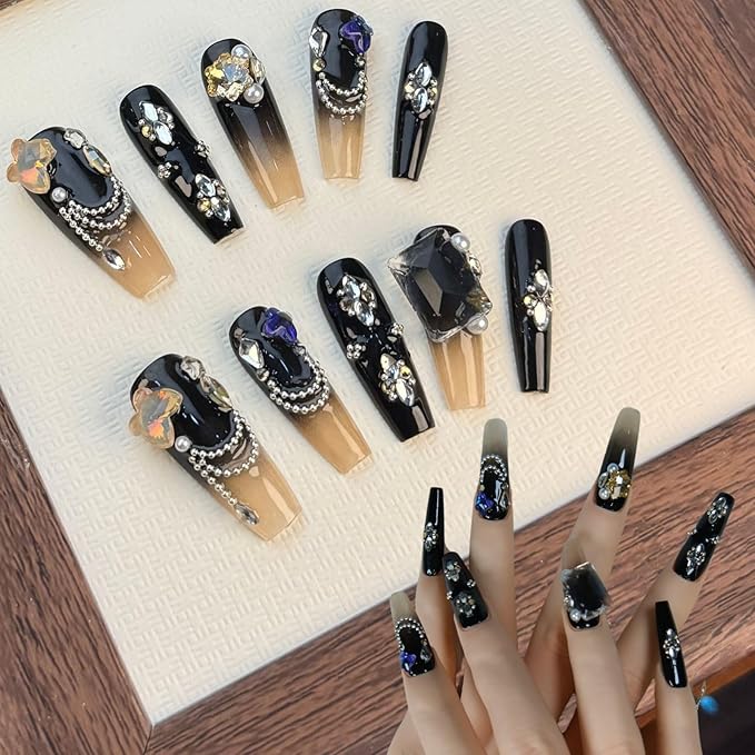 Press On Nails Medium Fake Nails Handmade Coffin False Nails Black Flower Diamond 3d Hand-Painted Nail Charms, Acrylic Nail Kit Glue On Nails,Reusable Stick on Nails for Women 10pcs S