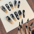 Press On Nails Medium Fake Nails Handmade Coffin False Nails Black Flower Diamond 3d Hand-Painted Nail Charms, Acrylic Nail Kit Glue On Nails,Reusable Stick on Nails for Women 10pcs M