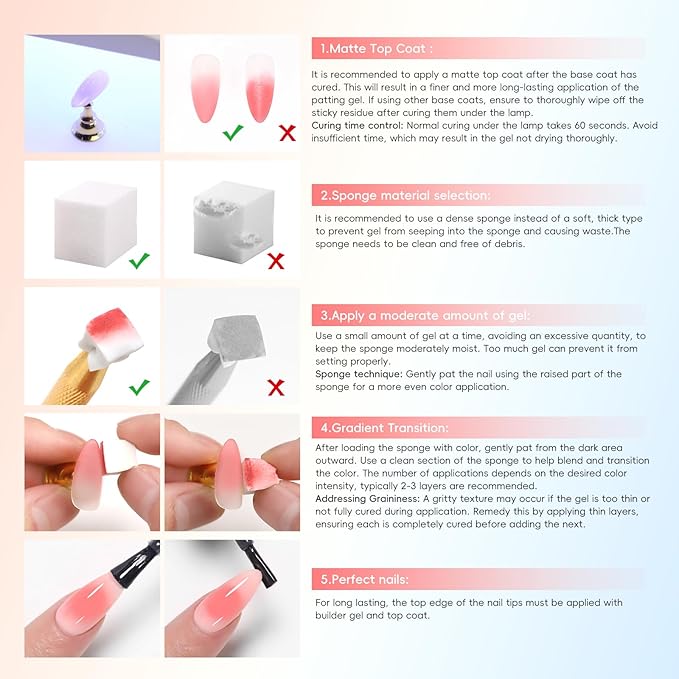 PEACECOLOR Patting Gel Polish 9 Bright Colors Pat Pat Gel Nail Polish with 100PCS Nail Sponges French Manicure Soak Off U V Set Home DIY Beauty Gift Sets