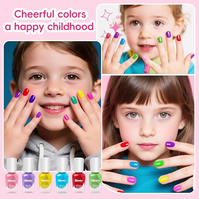 Quick Dry Kids Nail Polish Set, Non-Toxic Toddler Nail Polish, Water-Based Peelable Fingernail Polish for Kids, 6 Color Rainbow Nails Polish for Party, Holiday Favors, Party Favors