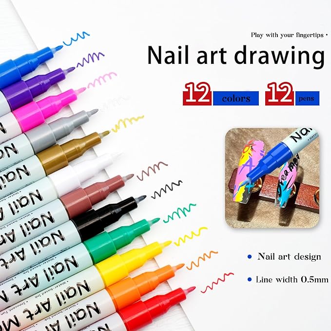 Waterproof Nail Art Pen, 12 Colors Nail Art Pen Set, 0.5mm Precision Control, Quick Drying Markers for & DIY, Complete Kit with Fine Tip Pens