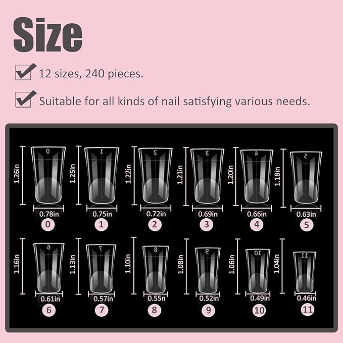Duck Nail Forms for Poly Gel Reusable 240 Pcs Full Cover Molds for Builder Gel French Tip Acrylic Nails, Nail Art Design Molds for Manicure Salon & DIY at Home 12 sizes