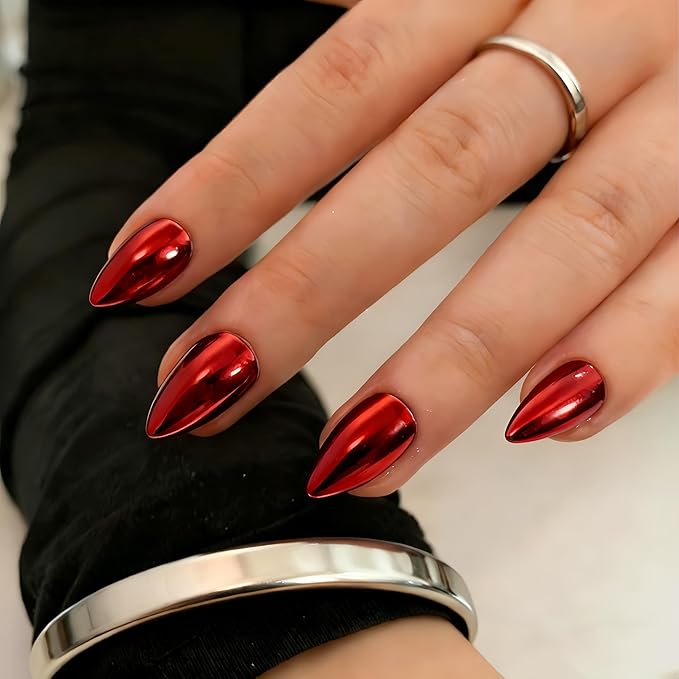Chrome Press on Nails Short Almond, Metallic Red Fake Nails with a Sparkle Mirror Finish, Glitter Glue on Nails for Women Birthday Party, Thick Quality Soft Gel Nail Press ons 30 Pcs