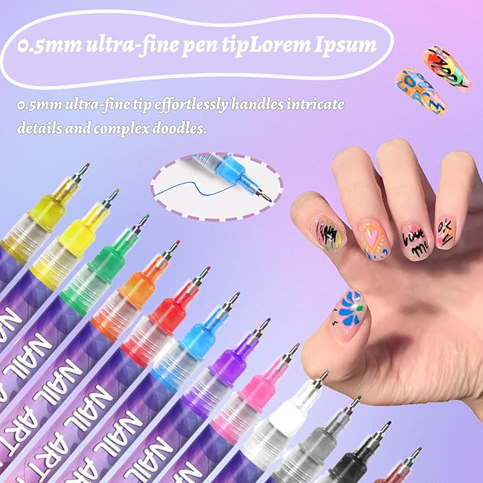 12 Colors Nail Art Pens ,0.5mm Nail Art Markers,nail art pens for painting nails,Nail Point Graffiti Dotting Pen ,Acrylic Nail Art Pen Quick-Drying,Home & Salon DIY Nail Art Tools