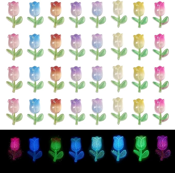 Pandahall 160Pcs Tulip Flowers Luminous Nail Charms Glow in the Dark Resin Floral Nail Charms 3d Flower Nail Art Rhineston 8 Colors for Women DIY Nail Decorations Design