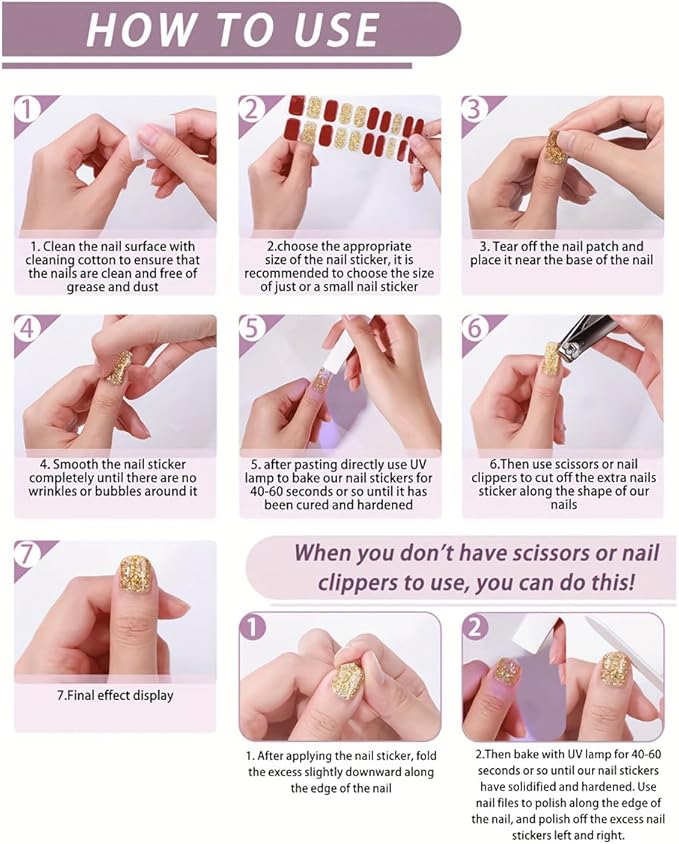 Semi Cured Gel Nail Strips - 20pcs Glaze Gel Stickers, Salon Quality DIY Wraps, Easy to Apply, UV Light Required