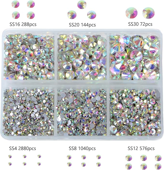 Bymitel 5000 Pieces 6 Mixed Sizes Glue Fix on Glass Rhinestones Round Crystal Gems Flatback for DIY Jewelry Making with one Picking Pen (6-Sizes 5000PCS, Crystal AB)